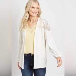 Maurices White Lace Yoke Swiss Dot Open Front Cardigan